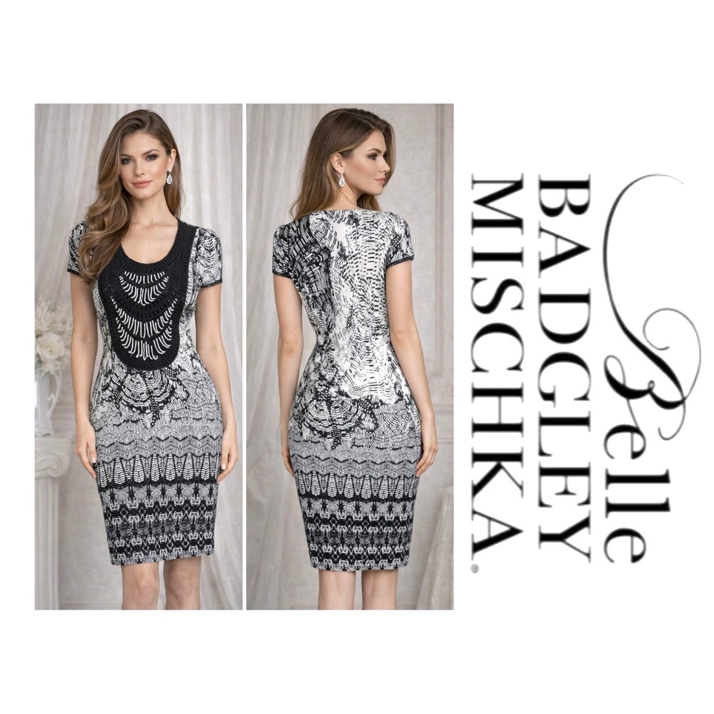 Badgley Mischka Belle Black White Beaded  Stretchy Form Fitting Dress 4